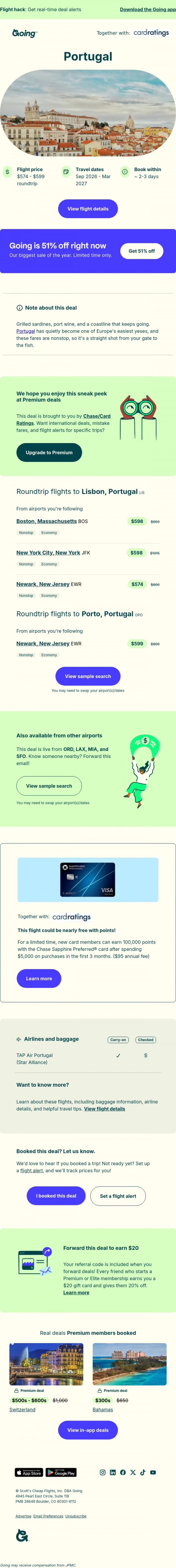 Email Design Inspiration from Going, ⚡🐟 *nonstop* Portugal -  $574 to $599 (Sep-Mar)