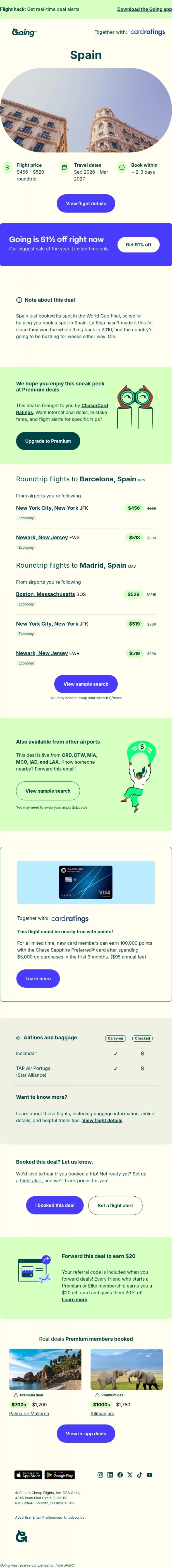 Email Design Inspiration from Going, ⚽🇪🇸 Spain -  $456 to $529 (Sep-Mar)