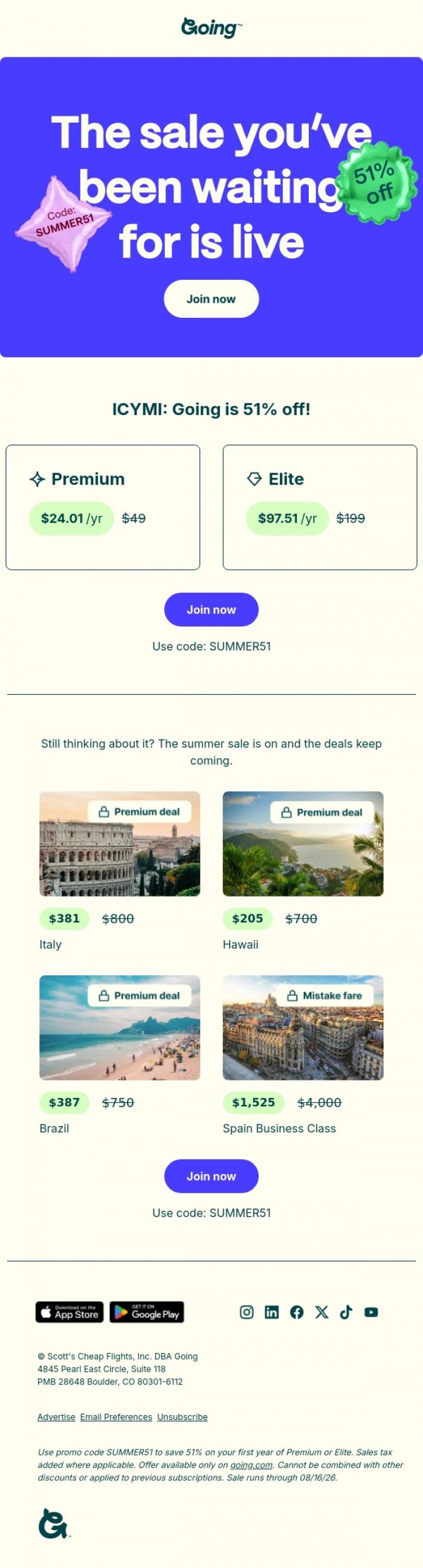 Email Design Inspiration from Going, 💥 Half off your first year. Still on!