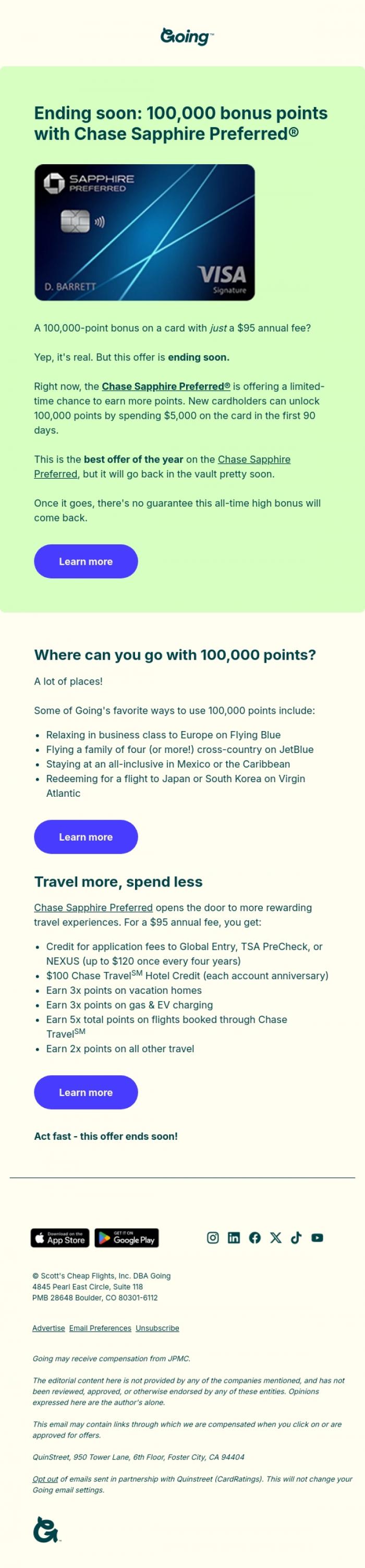 Email Design Inspiration from Going, There's still time to get 100,000 points