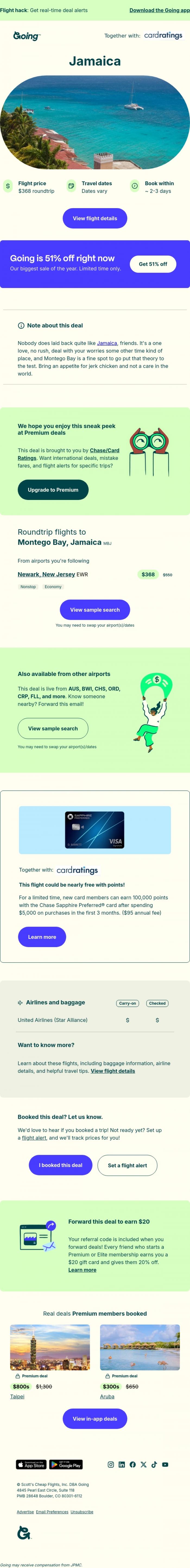 Email Design Inspiration from Going, 🌴 Jamaica -  $368 (Sep-Feb / Apr-May)