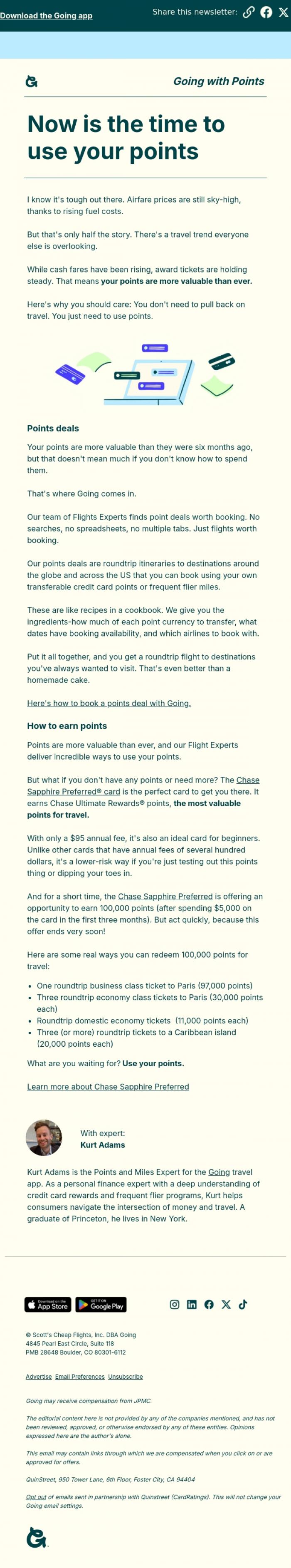 Email Design Inspiration from Going, Now is the time to use your points