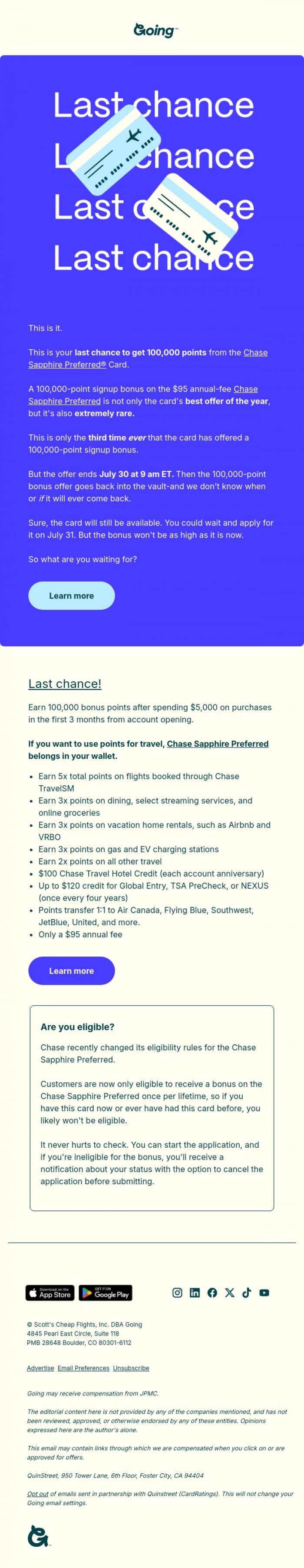 Email Design Inspiration from Going, Ignore this email and lose 100,000 points