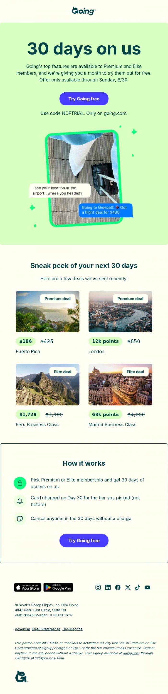 Email Design Inspiration from Going, Try 30 days of Premium or Elite on us 👋
