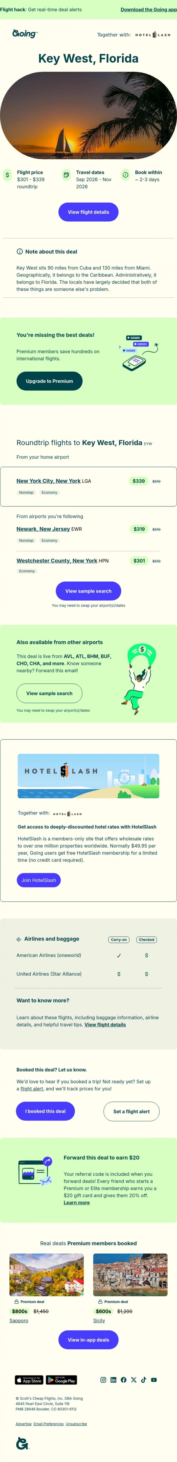 Email Design Inspiration from Going, 🥧 Key West -  $301 to $339 (Sep-Nov)