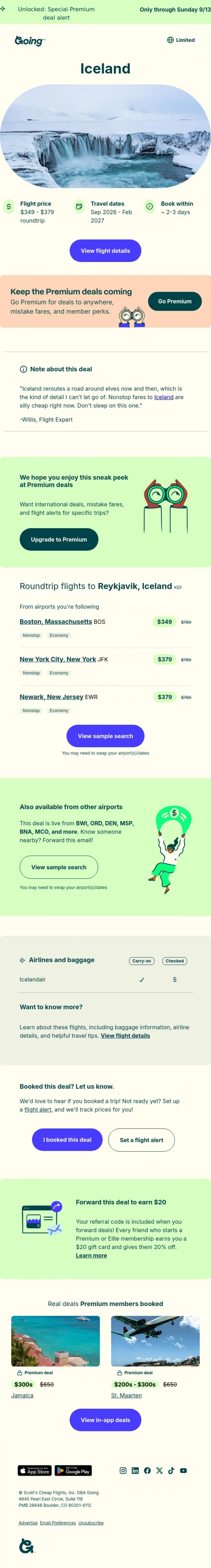 Email Design Inspiration from Going, 🤩⚡🇮🇸 *nonstop* Iceland -  $349 to $379 (Sep-Feb)