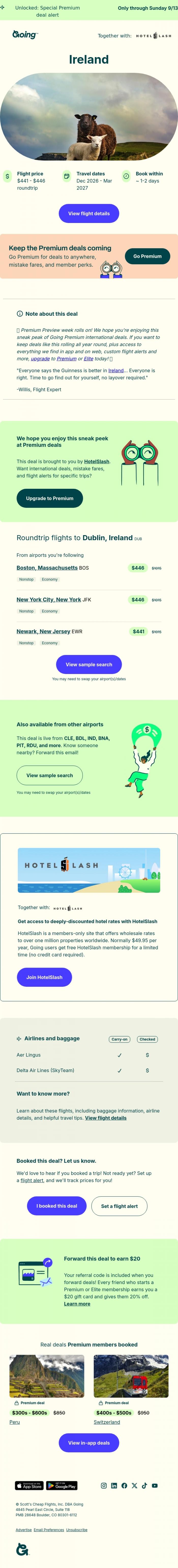 Email Design Inspiration from Going, 🤩⚡☘️ *nonstop* Ireland -  $441 to $446 (Dec-Mar)