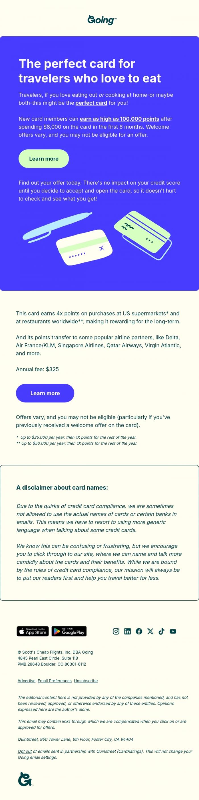Email Design Inspiration from Going, The perfect card for travelers who love to eat