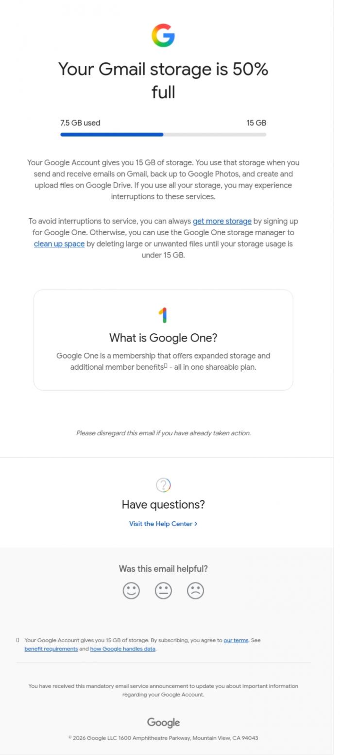Email Design Inspiration from Google, Your Gmail storage is 50% full