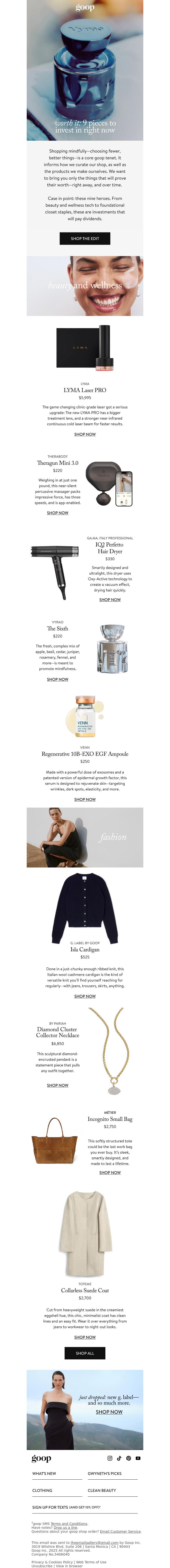 Email Design Inspiration from goop, our top 9 investment pieces