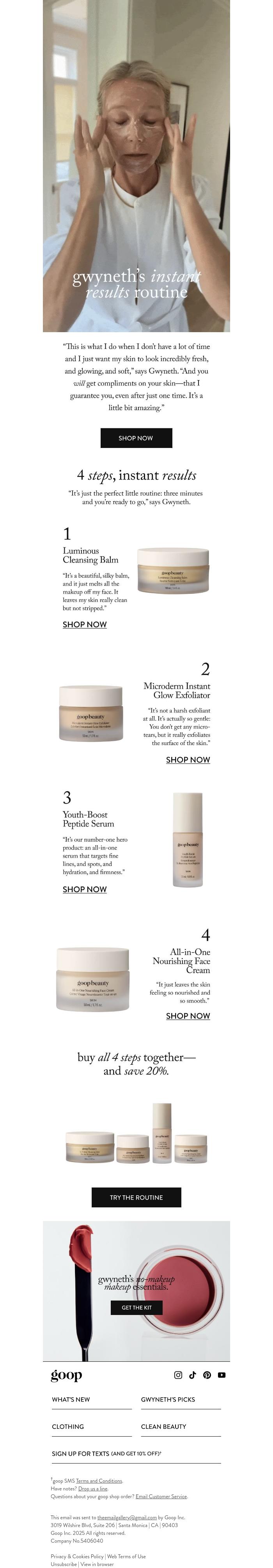 Email Design Inspiration from goop, Gwyneth's instant-results routine