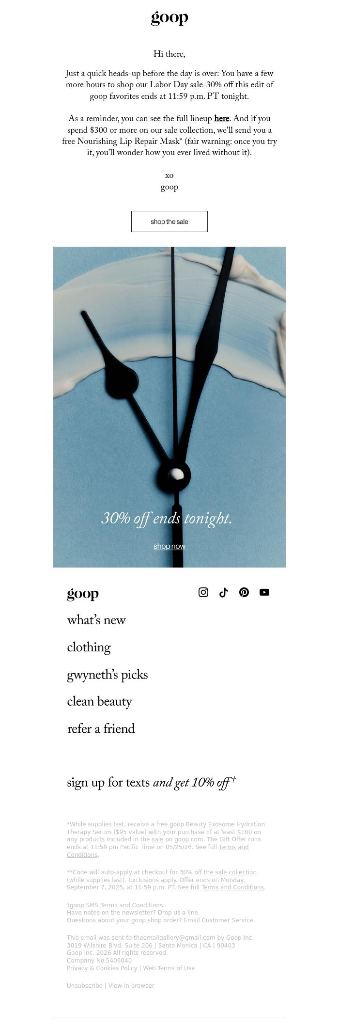Email Design Inspiration from goop, 30% GWYN and goop Beauty