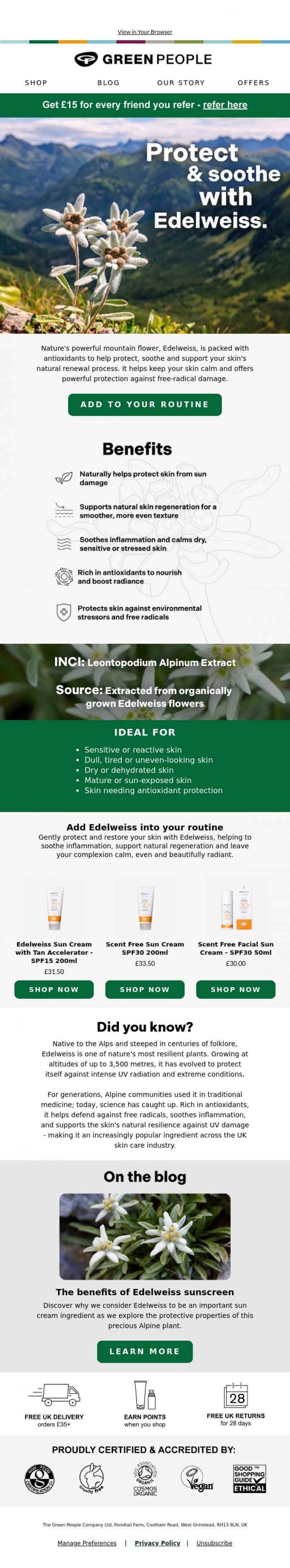 Email Design Inspiration from Green People, Hi there, meet Edelweiss: our Alpine skin hero