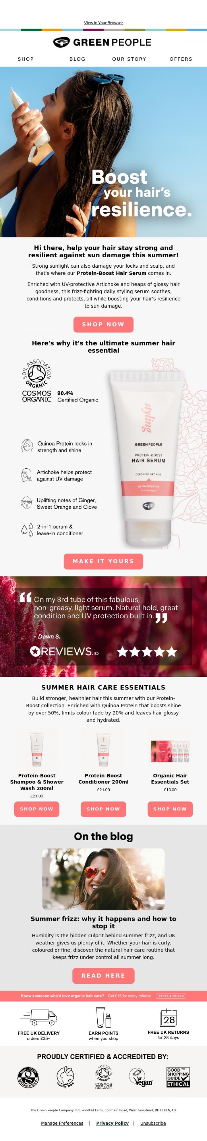 Email Design Inspiration from Green People, Hi there, your hair needs UV protection too!
