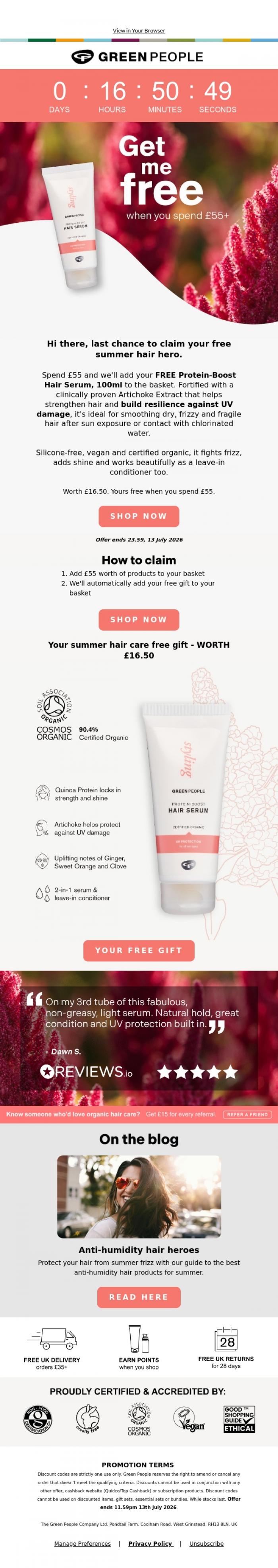 Email Design Inspiration from Green People, Hi there, final hours to claim your FREE Protein-Boost Serum