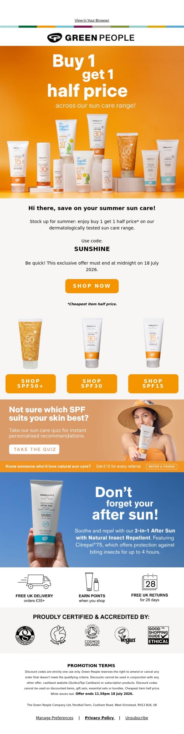 Email Design Inspiration from Green People, Hi there, your favourite SPFs are on offer right now ☀️