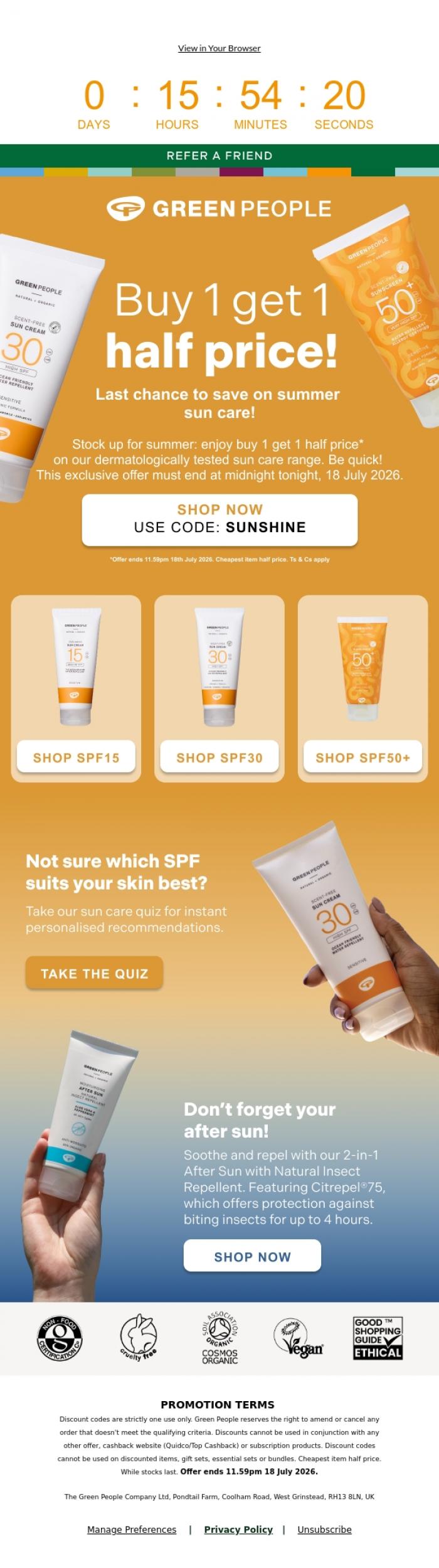 Email Design Inspiration from Green People, Name, final hours to get your favourite SPFs half price ☀️