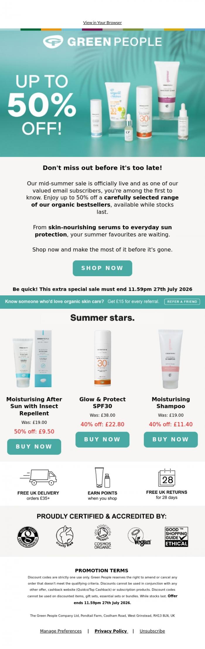 Email Design Inspiration from Green People, Hi there, up to 50% off organic bestsellers!