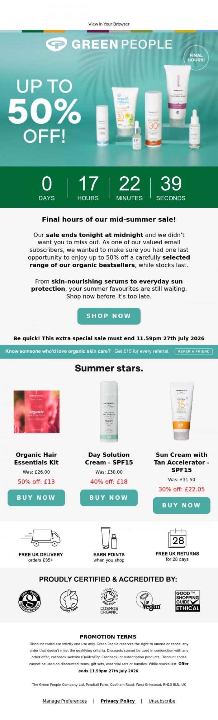 Email Design Inspiration from Green People, Hi there, final hours to save up to 50% on organic bestsellers