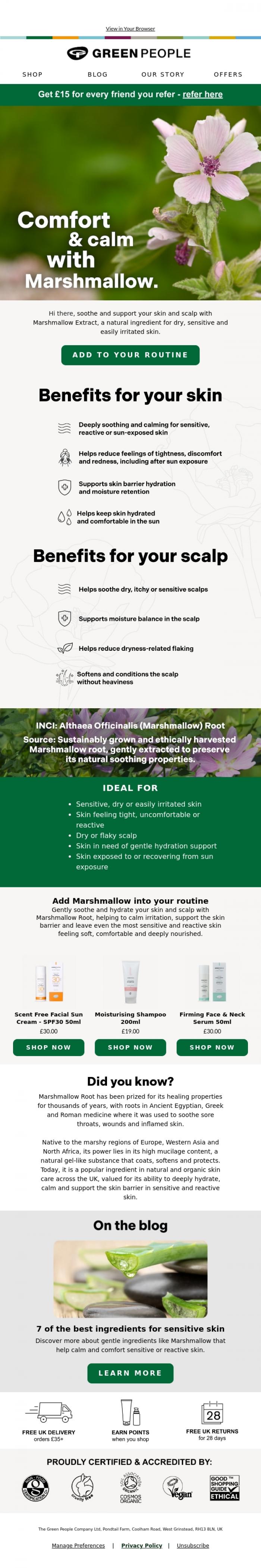 Email Design Inspiration from Green People, Hi there, meet Marshmallow: soothing hero for sensitive skin