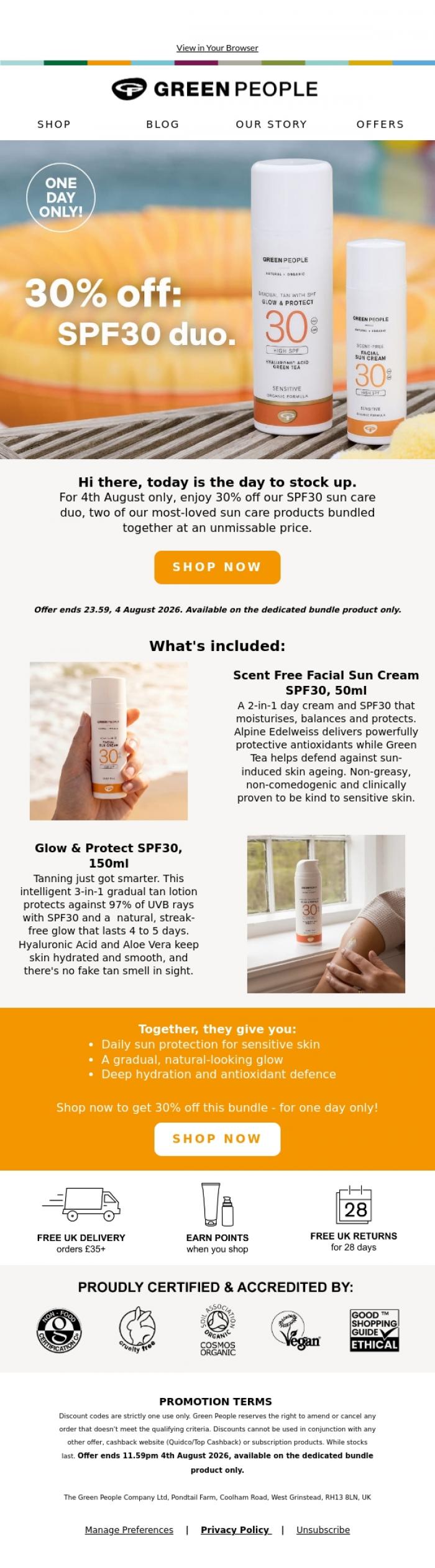 Email Design Inspiration from Green People, Hi there, 30% off our SPF30 duo. Today only!