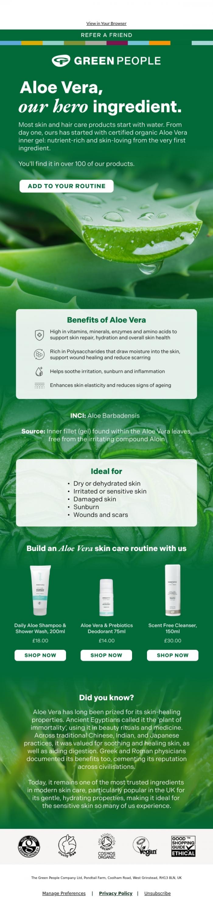 Email Design Inspiration from Green People, Hi there, Aloe Vera is the skin saviour you need right now!