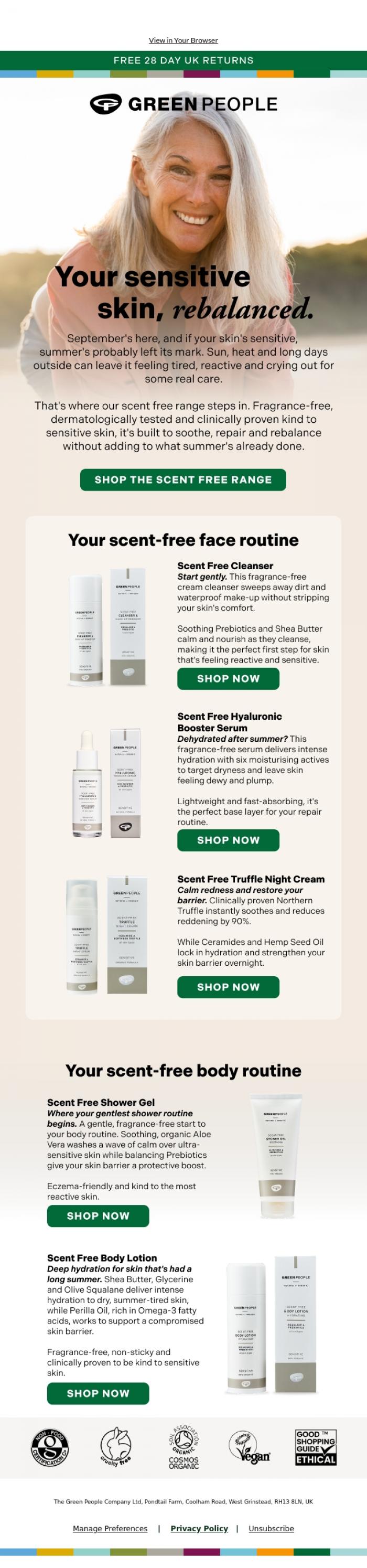Email Design Inspiration from Green People, Hi there, restore sensitive skin that's had a long summer!
