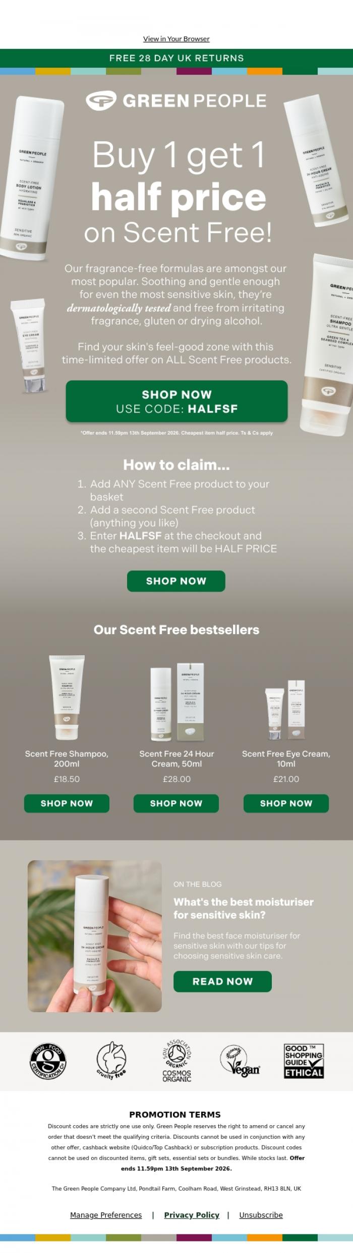 Email Design Inspiration from Green People, Hi there, buy 1 get 1 half price on our Scent Free range