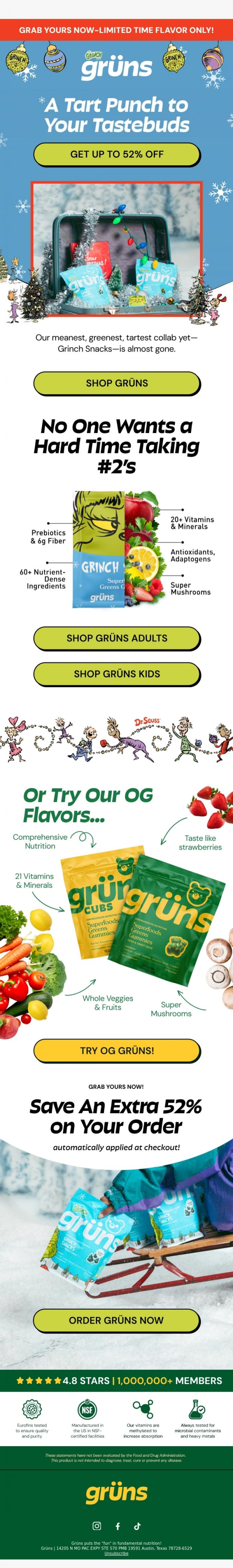 Email Design Inspiration from Gr&uuml;ns, Grinch Snacks Are Selling Fast!