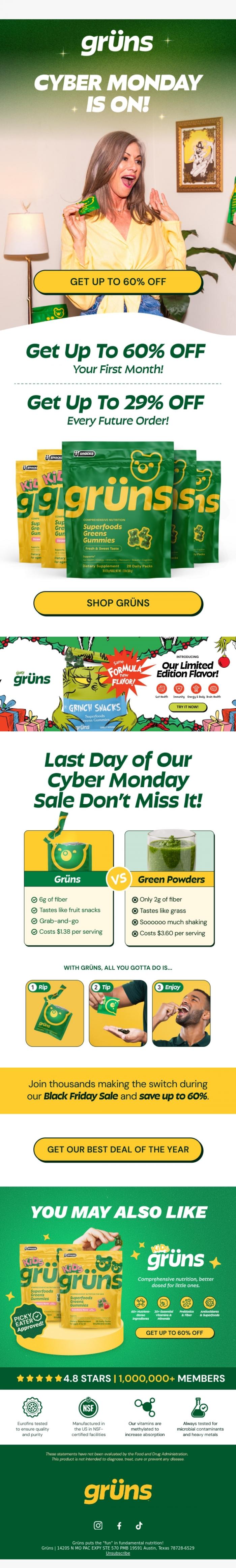Email Design Inspiration from Gr&uuml;ns, ONE DAY ONLY: CYBER MONDAY SAVINGS