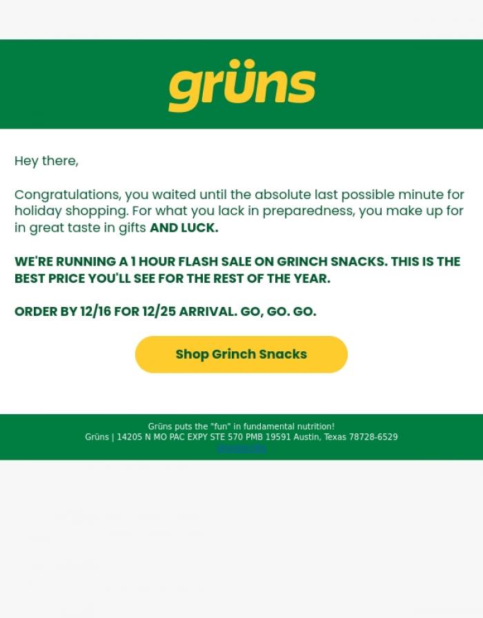 Email Design Inspiration from Gr&uuml;ns, GOOD NEWS FOR PROCRASTINATORS