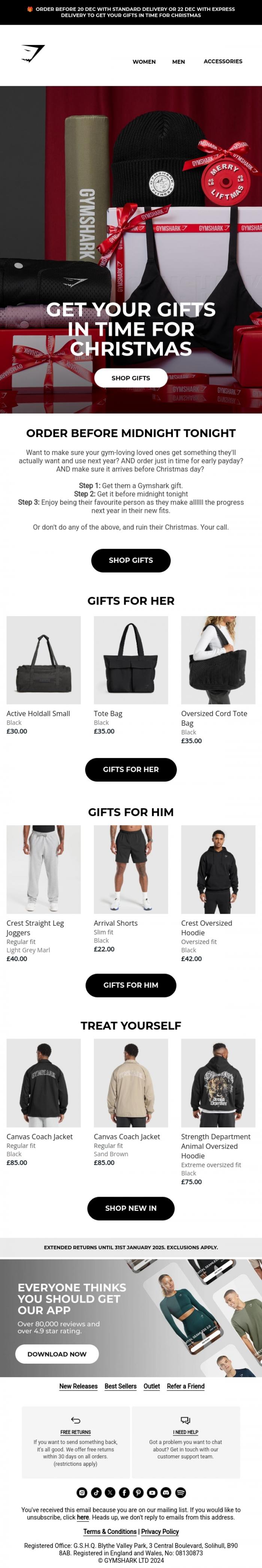 Email Design Inspiration from Gymshark, Want your gifts in time for Christmas? 🫨🎄