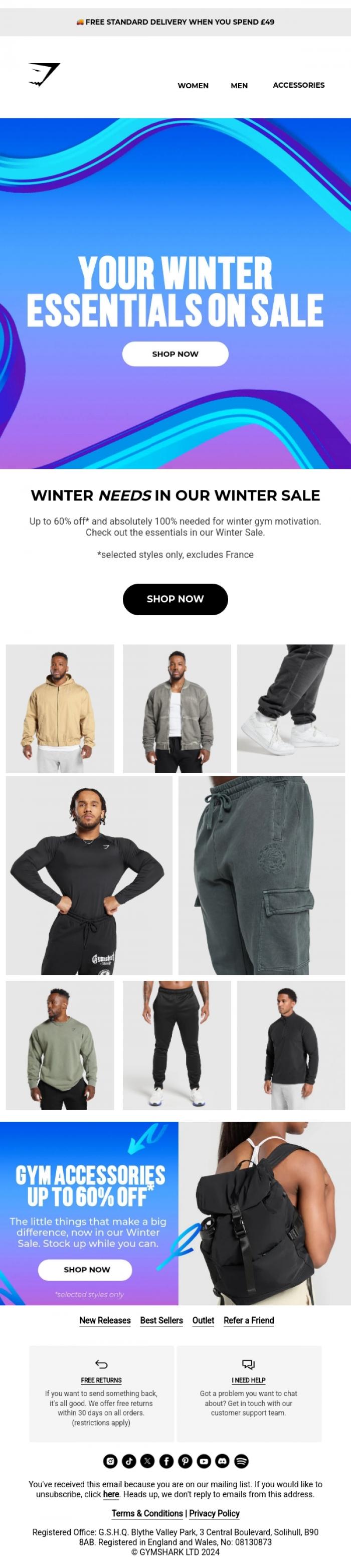 Email Design Inspiration from Gymshark, Up to 60% off*. 100% needed.