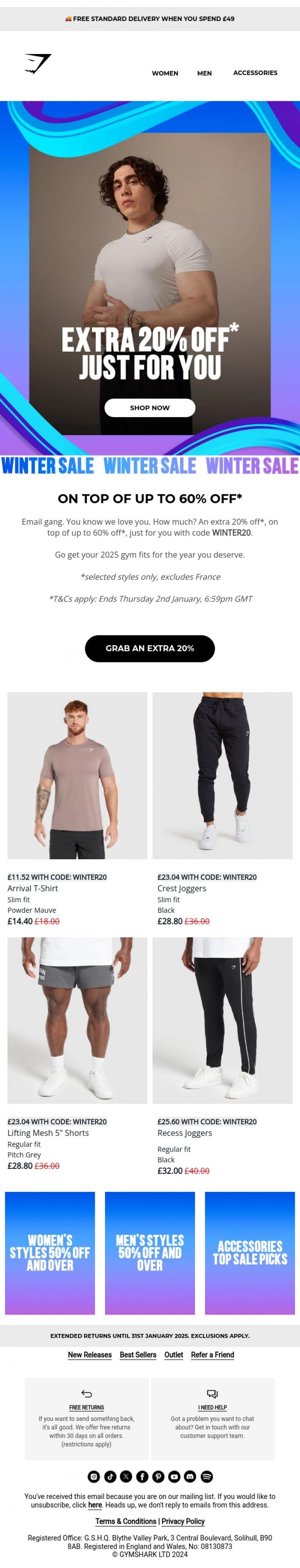 Email Design Inspiration from Gymshark, An extra 20% off* just for you 🫵