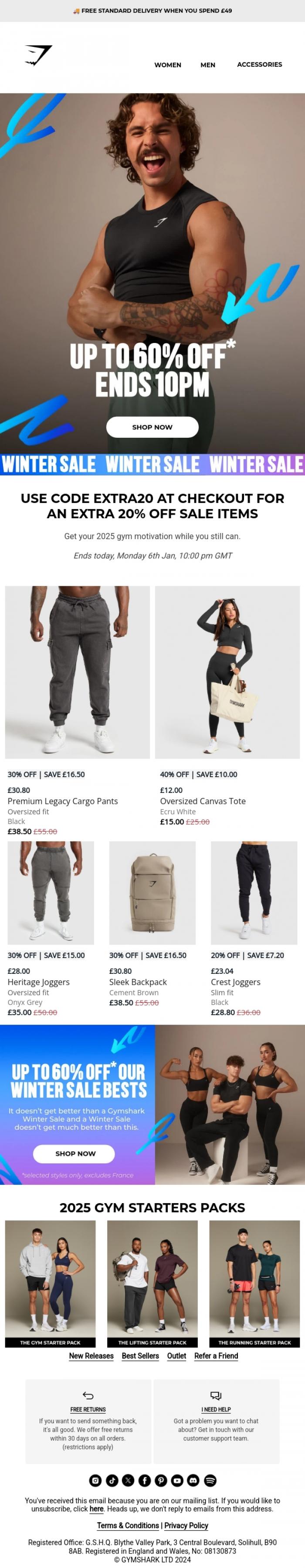 Email Design Inspiration from Gymshark, Up to 60% off* ends 10pm GMT ⏰