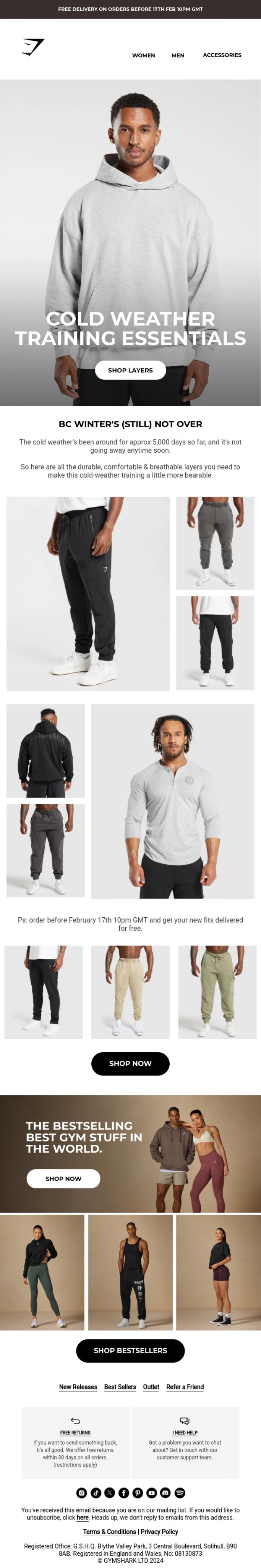 Email Design Inspiration from Gymshark, Cold-weather training essentials 🥶