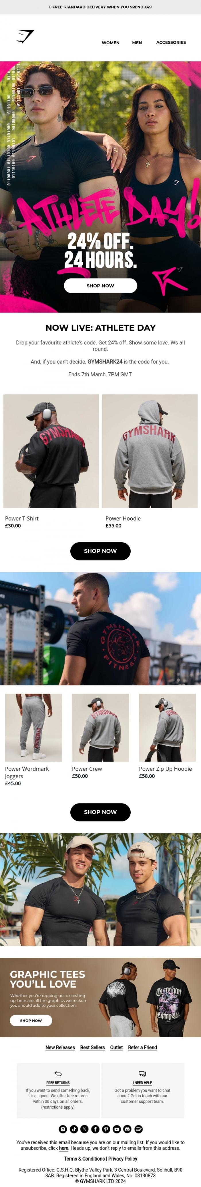 Email Design Inspiration from Gymshark, NOW LIVE: 24% off. 24 hours.