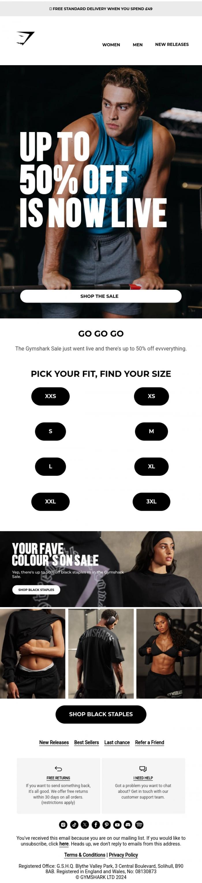 Email Design Inspiration from Gymshark, Up to 50% off is now LIVE