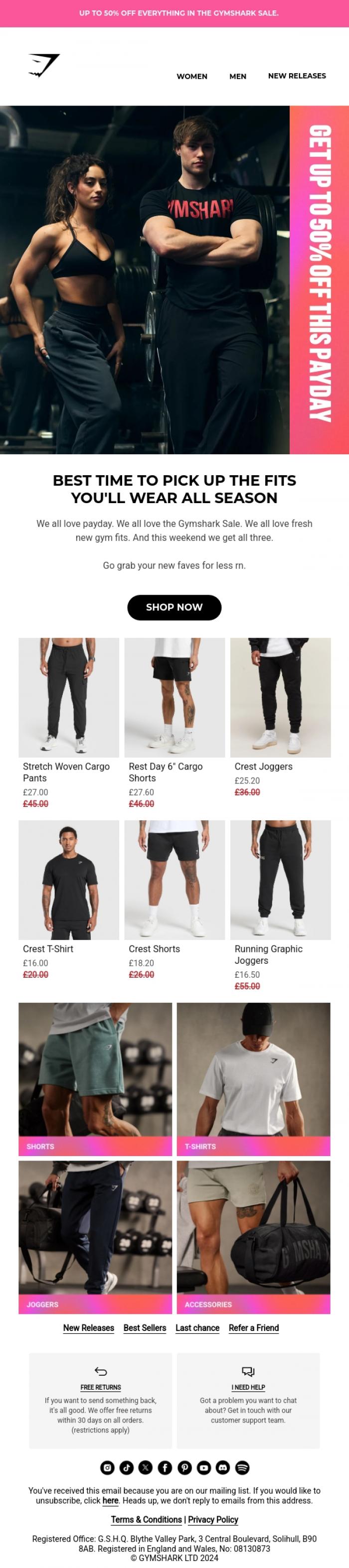 Email Design Inspiration from Gymshark, Payday + up to 50% off