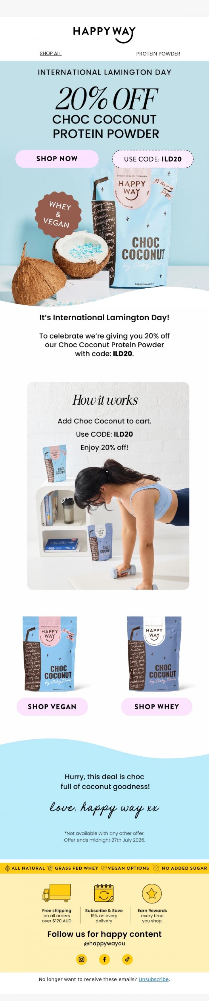 Email Design Inspiration from Happy Way, 20% off Choc Coconut Protein! 🍫🥥