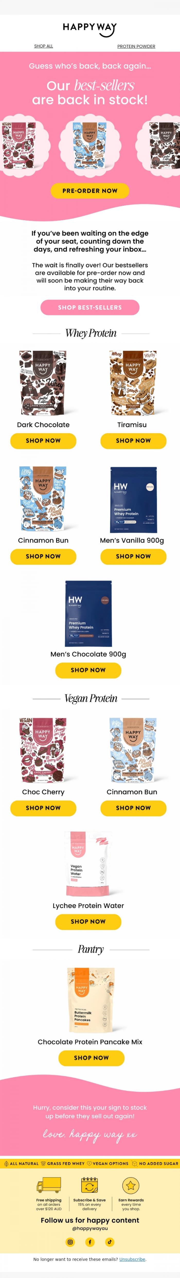 Email Design Inspiration from Happy Way, Look who's back in stock! 👀