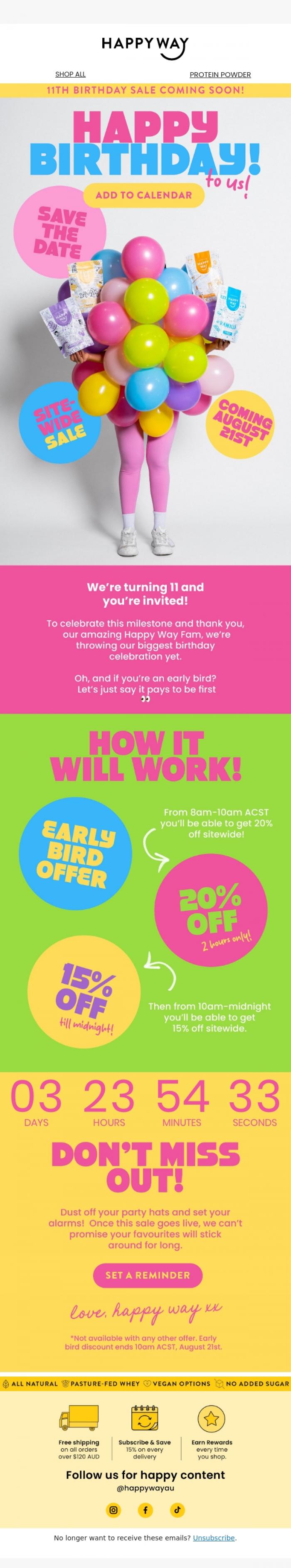 Email Design Inspiration from Happy Way, Our biggest birthday sale is coming... 🥳