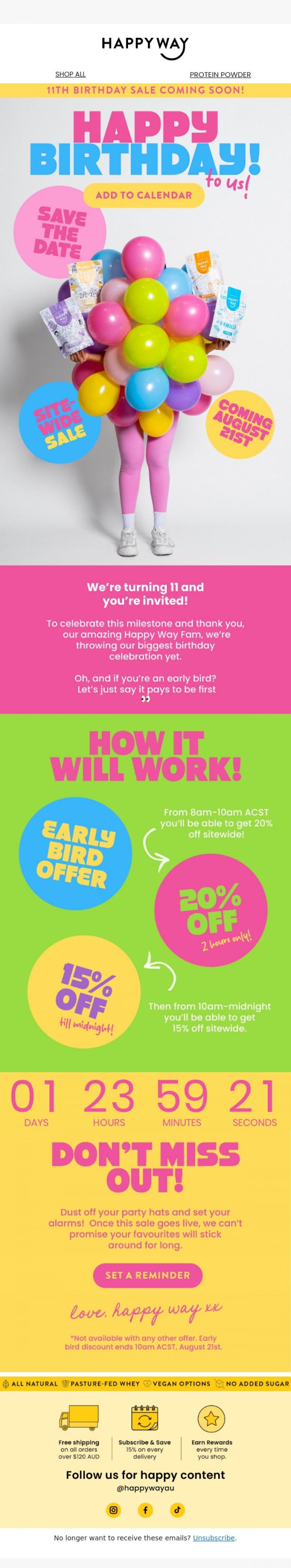 Email Design Inspiration from Happy Way, Our 11th birthday sale is coming! 🎂