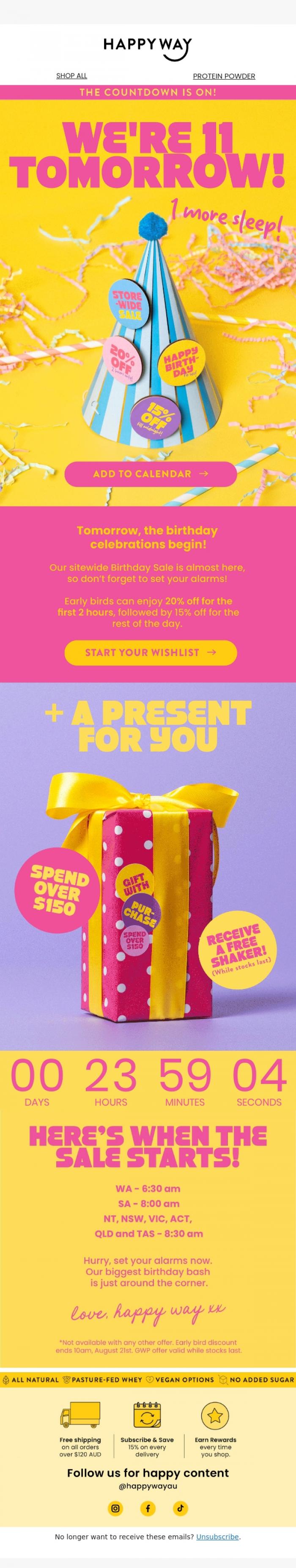 Email Design Inspiration from Happy Way, Our birthday sale starts TOMORROW! 🚨
