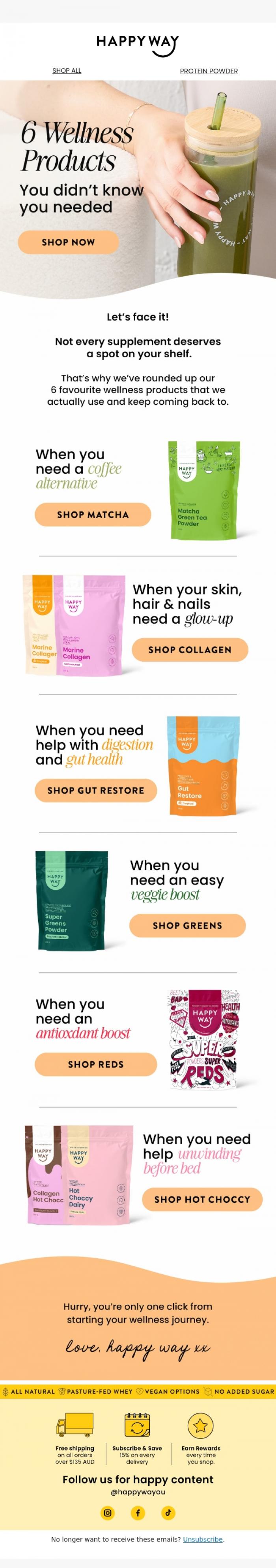 Email Design Inspiration from Happy Way, 6 Wellness Products you didn't know you needed 👀