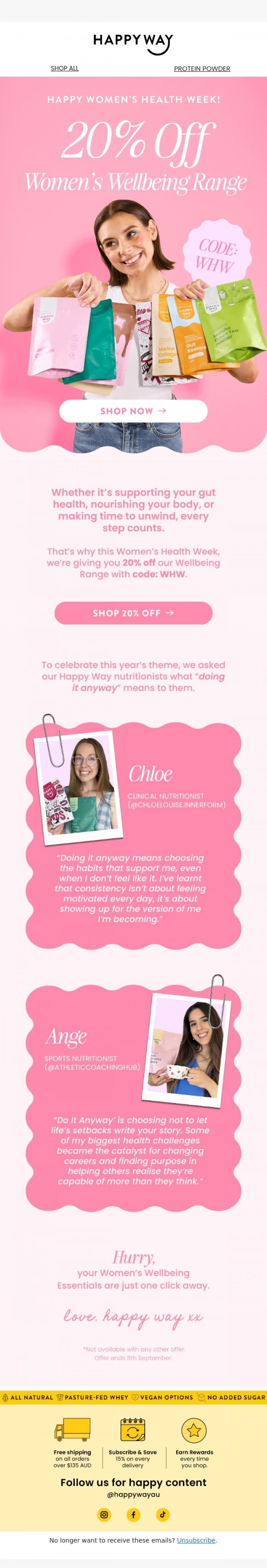 Email Design Inspiration from Happy Way, 20% off Women's Wellbeing Range! 👩