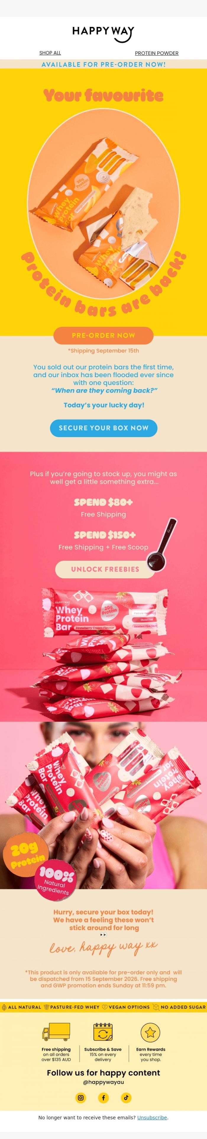 Email Design Inspiration from Happy Way, Your favourite protein bars are BACK! 😍