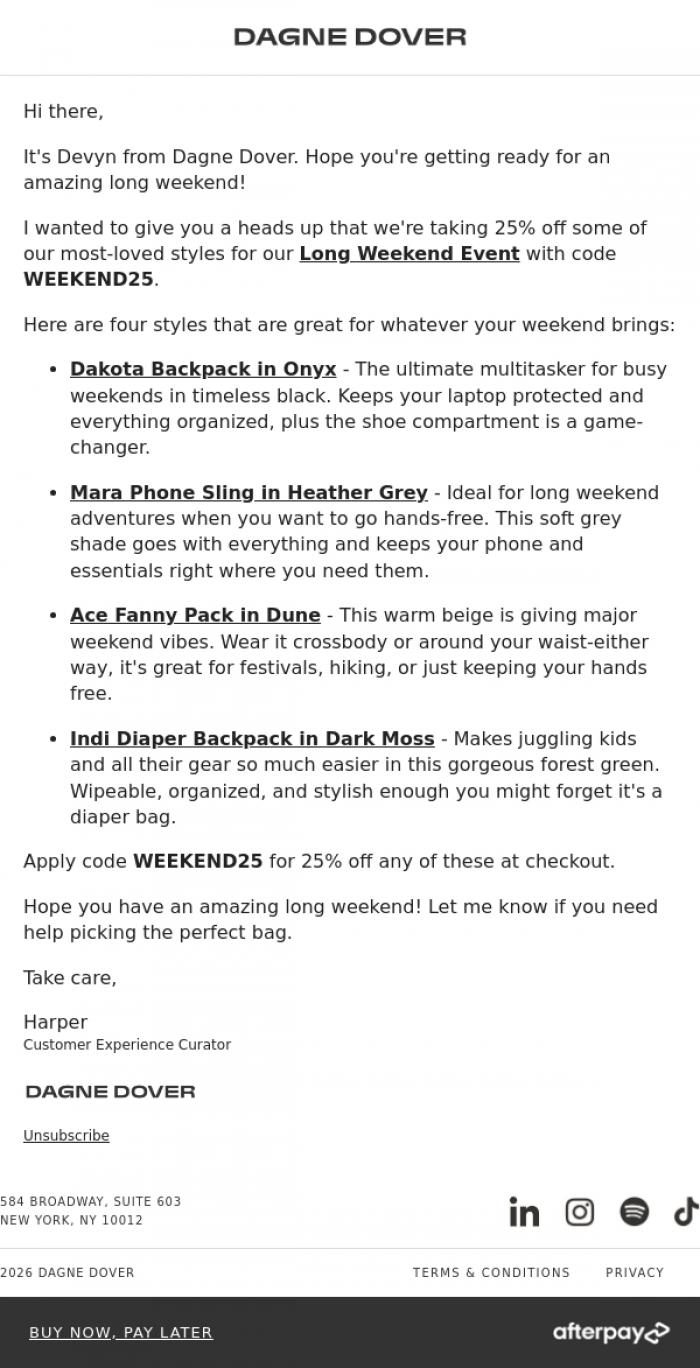 Email Design Inspiration from Harper from Dagne Dover, Your long weekend just got better