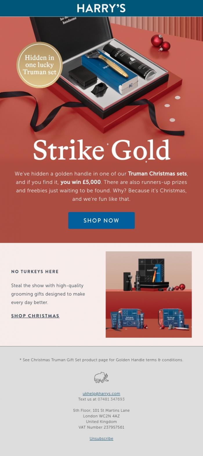 Email Design Inspiration from Harry's, Strike gold and win a cash prize