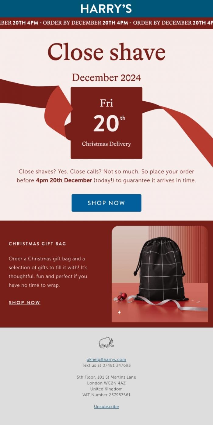 Email Design Inspiration from Harry's, Order today for delivery before Christmas!